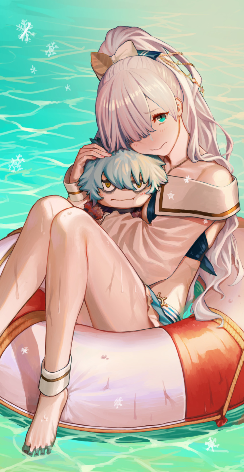 1girl, anastasia_(fate), anastasia_(swimsuit_archer)_(third_ascension)_(fate), bare_shoulders, barefoot, bikini, blue_bikini, blue_eyes, blue_skirt, blush, bow, breasts, collarbone, fate/grand_order, fate_(series), hair_bow, hair_over_one_eye, highres, innertube, kadoc_zemlupus, large_breasts, legs, long_hair, long_sleeves, looking_at_viewer, matsu_bokkuri, miniskirt, nail_polish, navel, ponytail, puffy_long_sleeves, puffy_sleeves, silver_hair, sitting, skirt, stuffed_toy, swim_ring, swimsuit, very_long_hair, water, wet