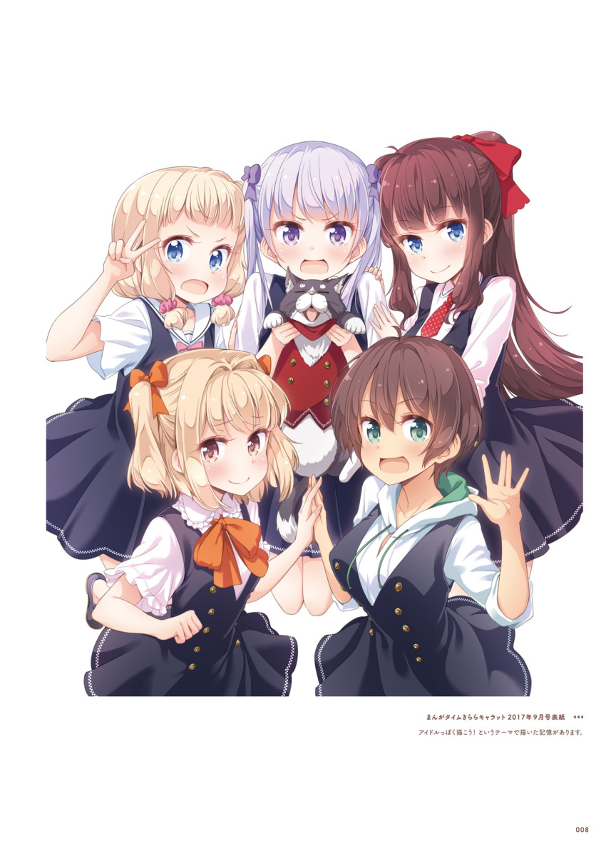 5girls, :d, ahoge, black_dress, blonde_hair, blue_eyes, bow, brown_hair