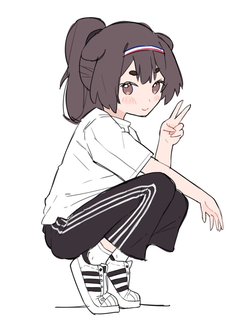 absurdres, adidas, adidas_superstar, alternate_costume, alternate_hairstyle, animal_ears, black_pants, blush