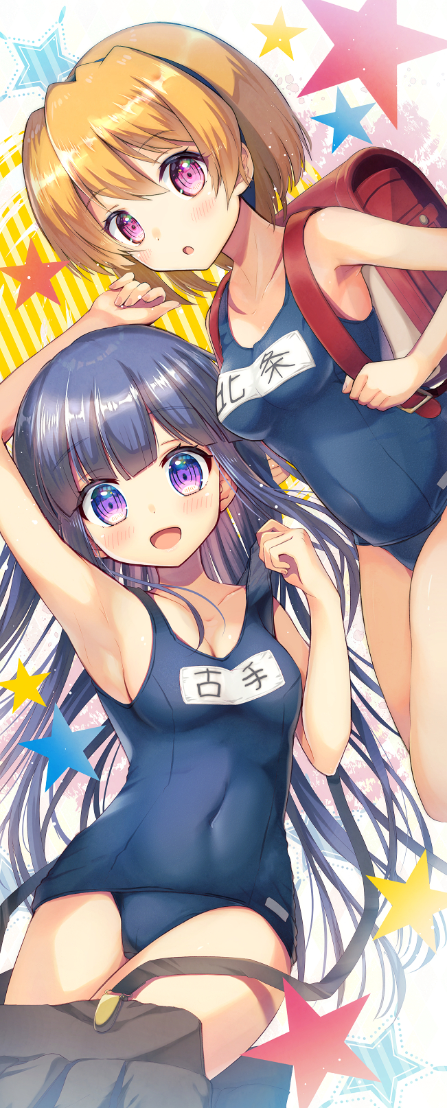 2girls, arm_up, armpits, backpack, bag, blonde_hair, blue_one-piece_swimsuit, blush