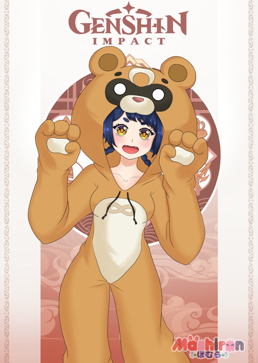 1girl, :d, absurdres, animal_ears, animal_hood, bear_ears, bear_hood, blue_hair