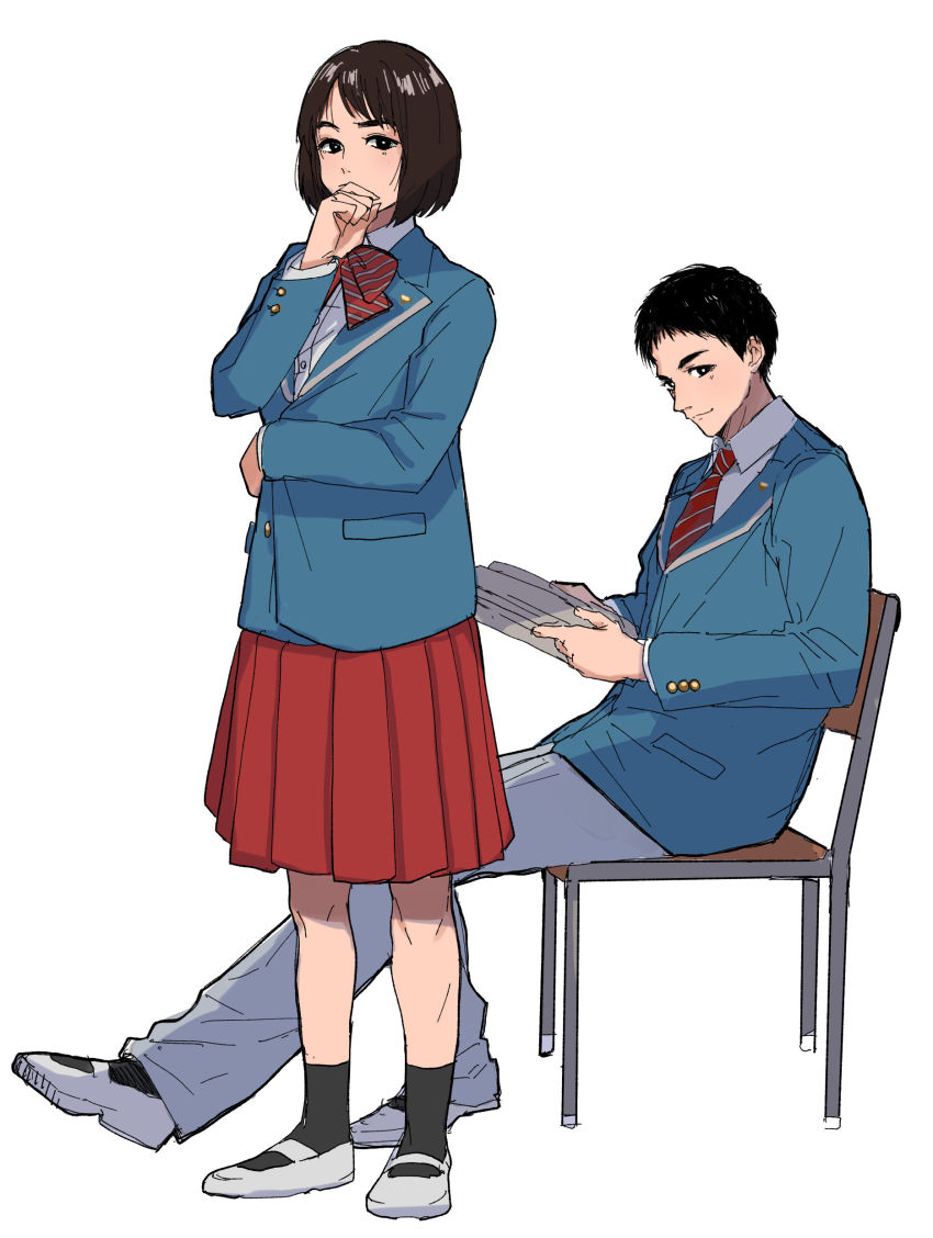 1boy, 1girl, absurdres, amasawa_kento, amasawa_kyouko, arm_across_waist, arm_around_another's_waist, black_hair, black_legwear, blazer, blue_jacket, book, bow, bowtie, brother_and_sister, brown_hair, buttons, chair, collared_shirt, commentary, covered_mouth, full_body, grey_pants, hand_up, highres, holding, holding_book, jacket, looking_at_viewer, lost_judgment, necktie, open_book, pants, pleated_skirt, raised_eyebrow, red_neckwear, red_skirt, school_chair, school_uniform, shadow, shirt, short_hair, siblings, simple_background, sitting, sixiland, skirt, very_short_hair, white_background, white_footwear, white_shirt