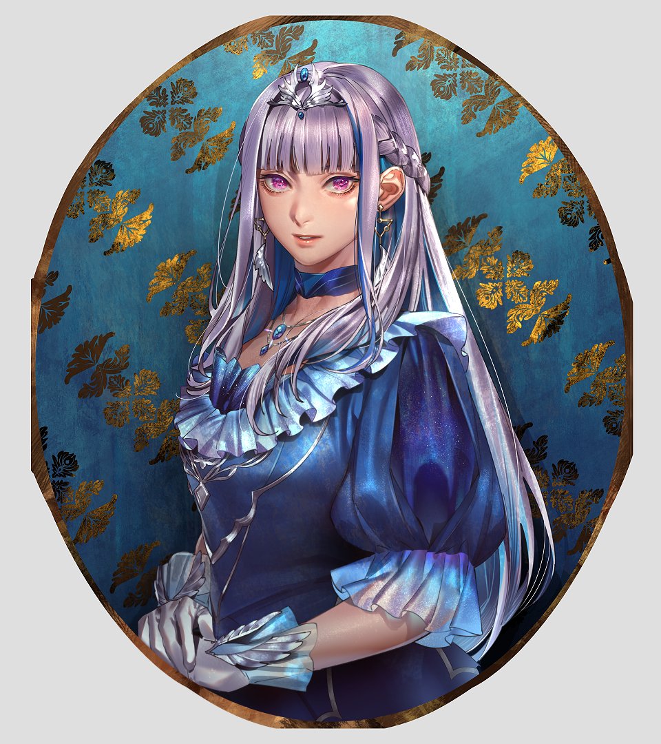 1girl, blue_hair, blunt_bangs, braid, choker, dress, earrings, frilled_dress