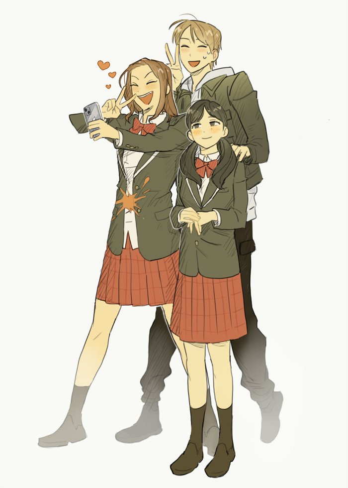 1boy, 2girls, :d, ^_^, akane_(lost_judgment), azukay_k, black_eyes, black_footwear