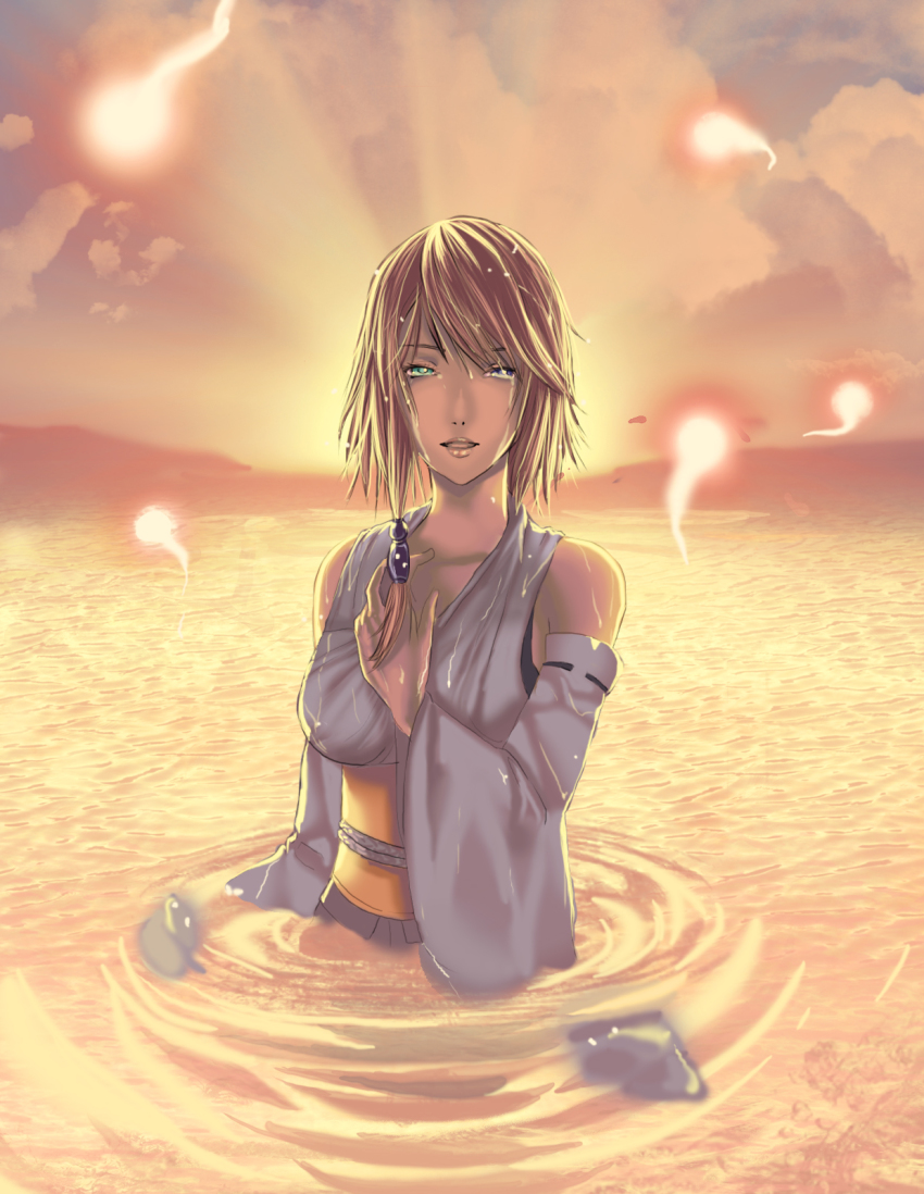 00s, 1girl, aqua_eyes, blue_eyes, breasts, brown_hair, covered_erect_nipples, detached_sleeves, female_focus, final_fantasy, final_fantasy_x, green_eyes, heterochromia, highres, large_breasts, pyrefly, short_hair, side_ponytail, solo, teddypocky, wading, water, wet, wet_clothes, wet_hair, yuna, yuna_(ff10)