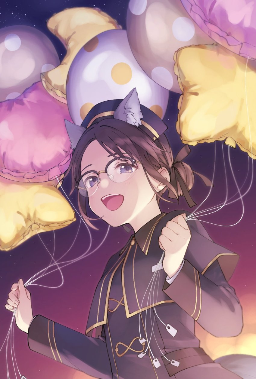 1girl, animal_ears, balloon, black_hair, blue_eyes, dog_ears, glasses, hair_bun