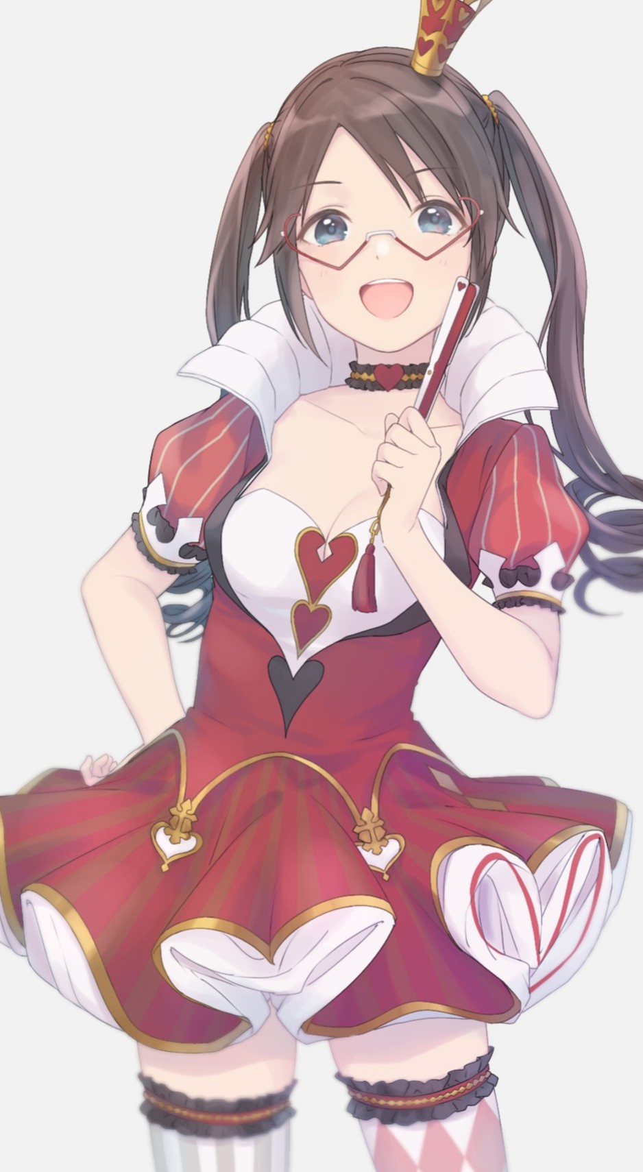 1girl, black_hair, blue_eyes, crown, dress, glasses, hand_fan, hand_on_own_hip, highres, holding, holding_fan, idolmaster, idolmaster_shiny_colors, mitsumine_yuika, pachiko, red_dress, simple_background, smile, solo, striped_clothes, striped_thighhighs, thighhighs, twintails, white_background, white_thighhighs, zettai_ryouiki