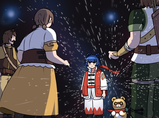 2boys, 2girls, alternate_hairstyle, animal_ears, arrow_(projectile), belt, black_hair, braid