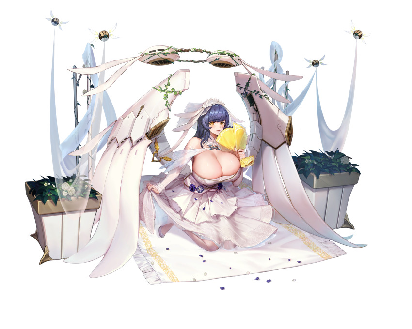 1girl, blue_hair, blush, breasts, bridal_gauntlets, bush, cleavage, dress, full_body, highres, huge_breasts, jam_(nandade), last_origin, long_hair, looking_at_viewer, official_art, smile, snow_feather_(last_origin), solo, tachi-e, transparent_background, wedding_dress, yellow_eyes