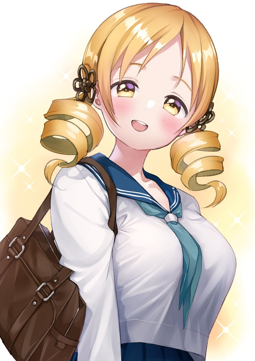 1girl, absurdres, alternate_costume, alternate_uniform, aqua_neckerchief, arms_at_sides, bag, blonde_hair, blouse, blue_sailor_collar, blue_skirt, blush, breasts, collarbone, dot_nose, drill_hair, flower, gradient_background, hair_flower, hair_ornament, hairpin, head_tilt, highres, jitome, large_breasts, light_smile, long_sleeves, looking_at_viewer, mahou_shoujo_madoka_magica, mahou_shoujo_madoka_magica_(anime), matsuzaki_miyuki, neckerchief, open_mouth, parted_bangs, pleated_skirt, round_teeth, sailor_collar, school_bag, school_uniform, serafuku, shirt, shoulder_bag, simple_background, skirt, solo, sparkle, sparkle_background, teeth, tight_clothes, tight_shirt, tomoe_mami, twin_drills, upper_body, upper_teeth_only, white_background, white_shirt, yellow_eyes