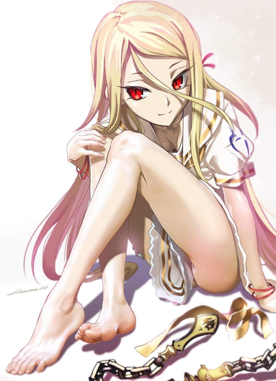 aora, barefoot, blonde_hair, bracelet, enkidu_(weapon)_(fate), fate_(series), gila_gilgamesh, hana_no_miyako!, highres, hugging_own_legs, jewelry, long_hair, red_eyes, school_uniform, skirt