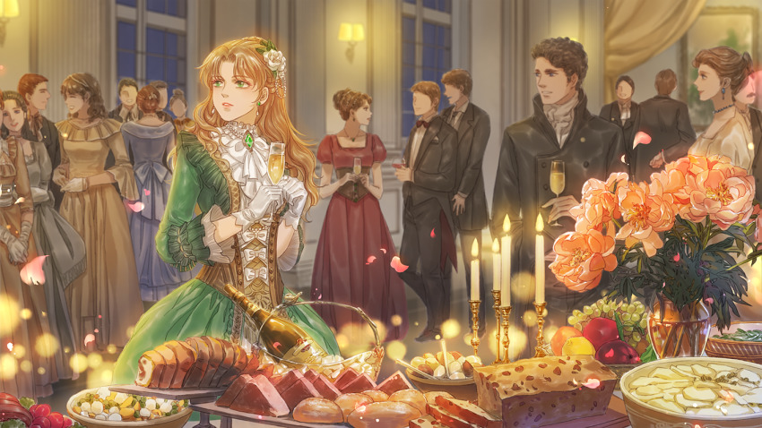 6+boys, 6+girls, audrey_hall, black_coat, black_hair, black_neckwear, blonde_hair, bottle