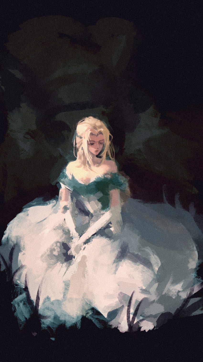 1girl, absurdres, aisnow432, audrey_hall, bare_shoulders, blonde_hair, breasts, chinese_commentary