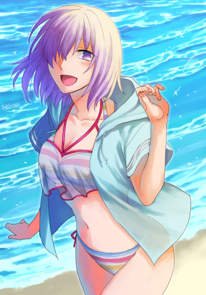 1girl, beach, bikini, blue_jacket, blush, breasts, cleavage, collarbone, commentary_request, dated, fate/grand_order, fate_(series), fingernails, hair_over_one_eye, hood, hood_down, hooded_jacket, jacket, light_purple_hair, looking_at_viewer, mash_kyrielight, mash_kyrielight_(swimsuit_of_perpetual_summer_ver.02), medium_breasts, multicolored_bikini, multicolored_swimsuit, navel, ocean, official_alternate_costume, one_eye_covered, open_clothes, open_jacket, open_mouth, outdoors, purple_eyes, sand, see-through_clothes, short_hair, short_sleeves, signature, smile, solo, striped_bikini, striped_clothes, swimsuit, thighs, tongue, water, yuuzuki230