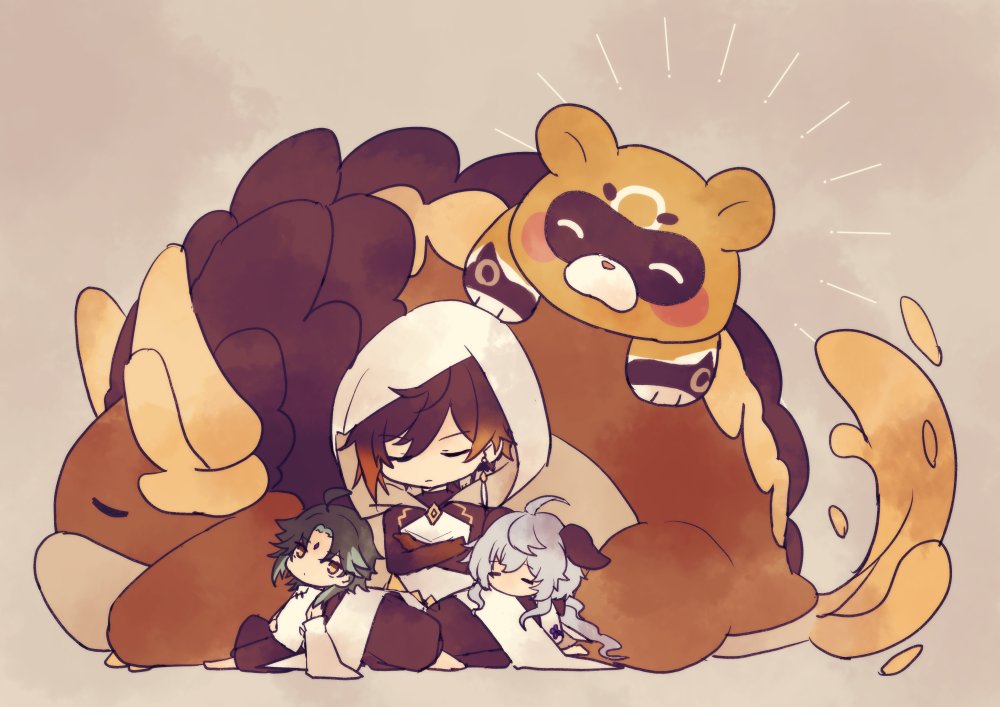 1girl, 2boys, aged_down, ahoge, animal, azhdaha_(genshin_impact), black_hair, blue_hair, brown_hair, chibi, closed_eyes, crossed_arms, crossed_legs, dragon, ganyu_(genshin_impact), genshin_impact, gradient_hair, green_hair, grey_background, guoba_(genshin_impact), hood, hood_up, hooded_robe, horns, kirisame_(fukahire_oukoku), long_hair, multicolored_hair, multiple_boys, robe, simple_background, sitting, tail, white_robe, xiao_(genshin_impact), zhongli_(archon)_(genshin_impact), zhongli_(genshin_impact)