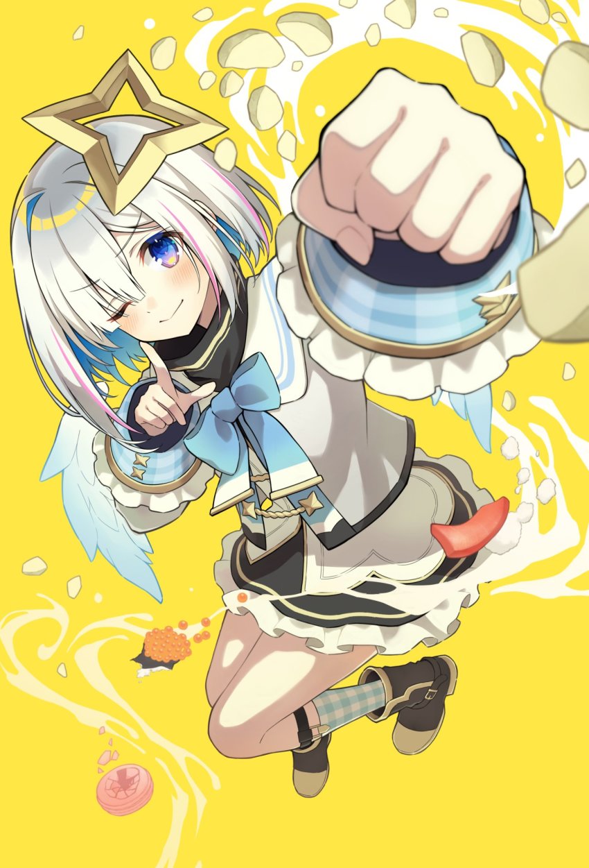 1girl, amane_kanata, angel_wings, awokani, blue_eyes, breast_hold, breasts, clenched_hand