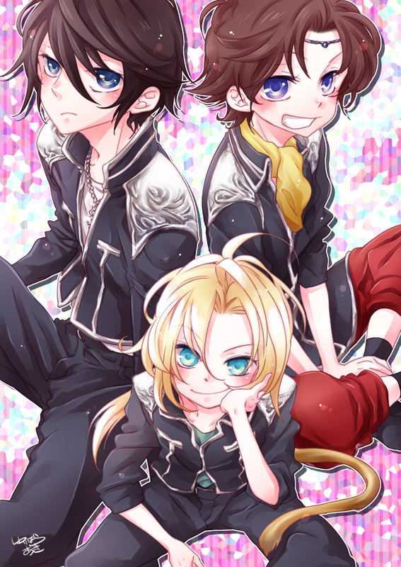 3boys, alternate_costume, aqua_eyes, blonde_hair, blue_eyes, bottomless, brown_hair, bartz_klauser, cosplay, dissidia_final_fantasy, final_fantasy, final_fantasy_ix, final_fantasy_v, final_fantasy_viii, grin, jewelry, long_hair, male_focus, multiple_boys, necklace, ponytail, purple_eyes, seed, short_hair, sitting, smile, squall_leonhart, tail, uniform, yurihara_aki, zidane_tribal