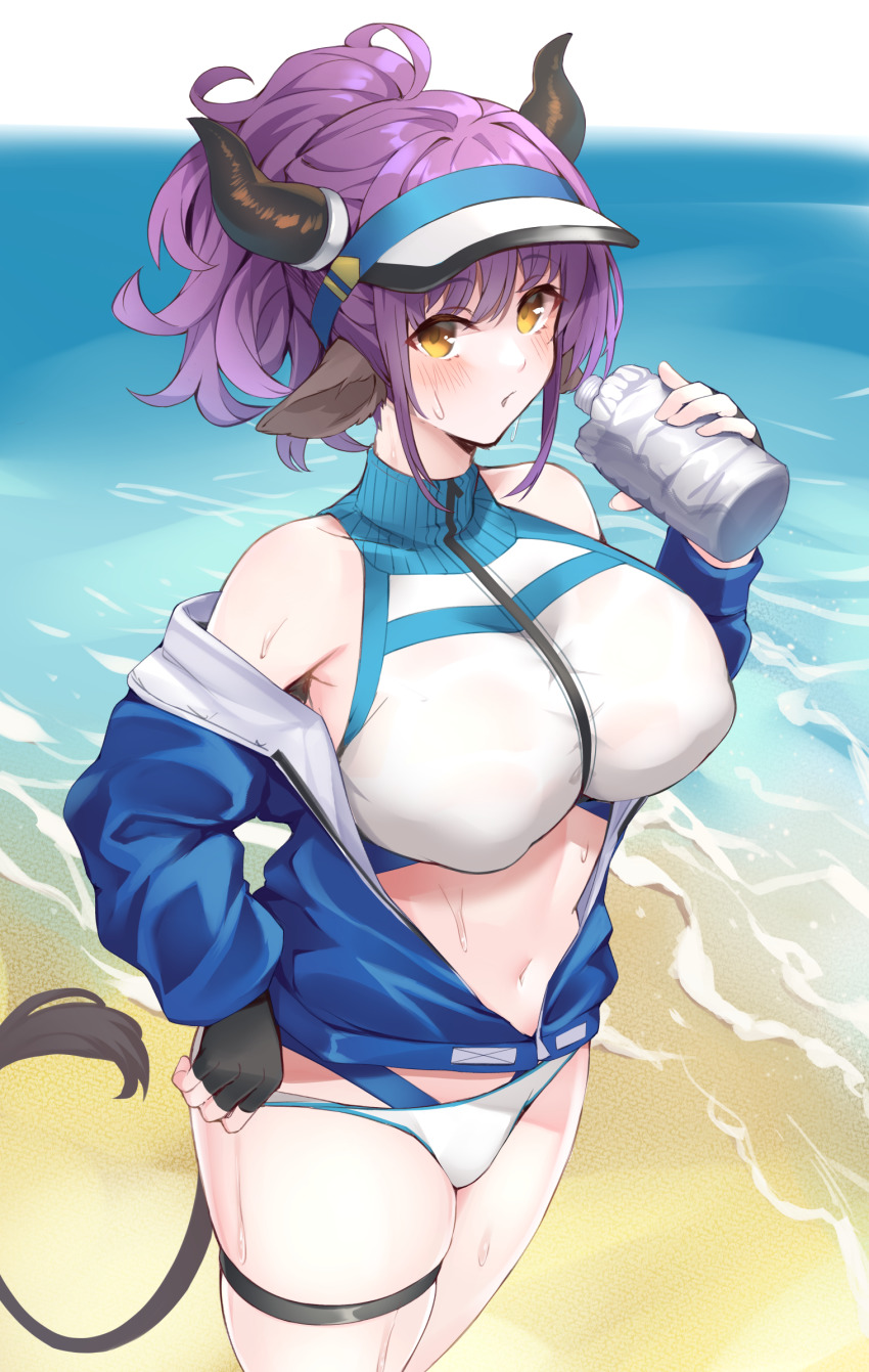 1girl, animal_ears, arknights, bad_id, bad_pixiv_id, bare_shoulders, beach, bikini