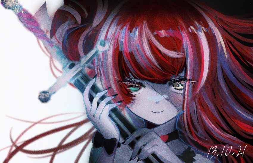 1girl, alternate_hairstyle, colored_skin, dated, floating_hair, gradient_eyes, green_eyes, grey_hair