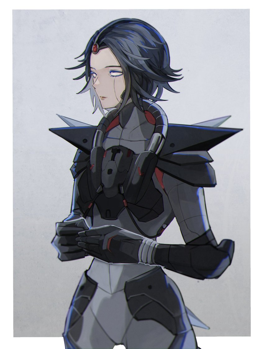 animification, apex_legends, black_gloves, black_hair, bodysuit, border, cable, dark_matter_horizon, elbow_pads, expressionless, forehead, gloves, grey_background, grey_bodysuit, highres, horizon_(apex_legends), looking_ahead, no_pupils, science_fiction, short_hair, stack_(sack_b7), upper_body, white_border, white_eyes