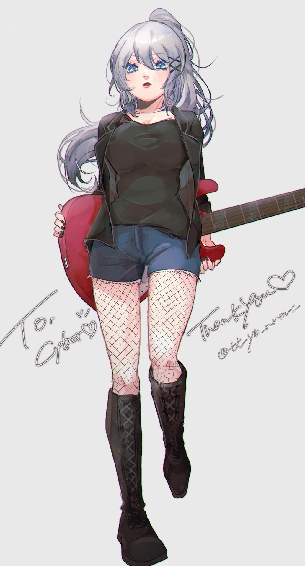 1girl, black_boots, black_jacket, black_nails, black_shirt, blue_eyes, boots, breasts, cleavage, commission, denim, denim_shorts, fishnets, floating_hair, guitar, heart, highres, holding, holding_instrument, instrument, jacket, lace-up_boots, long_hair, looking_down, medium_breasts, nail_polish, original, ponytail, second-party_source, shirt, shorts, silver_hair, skeb_commission, solo, tokko_(tt_yk_nnm_), twitter_username