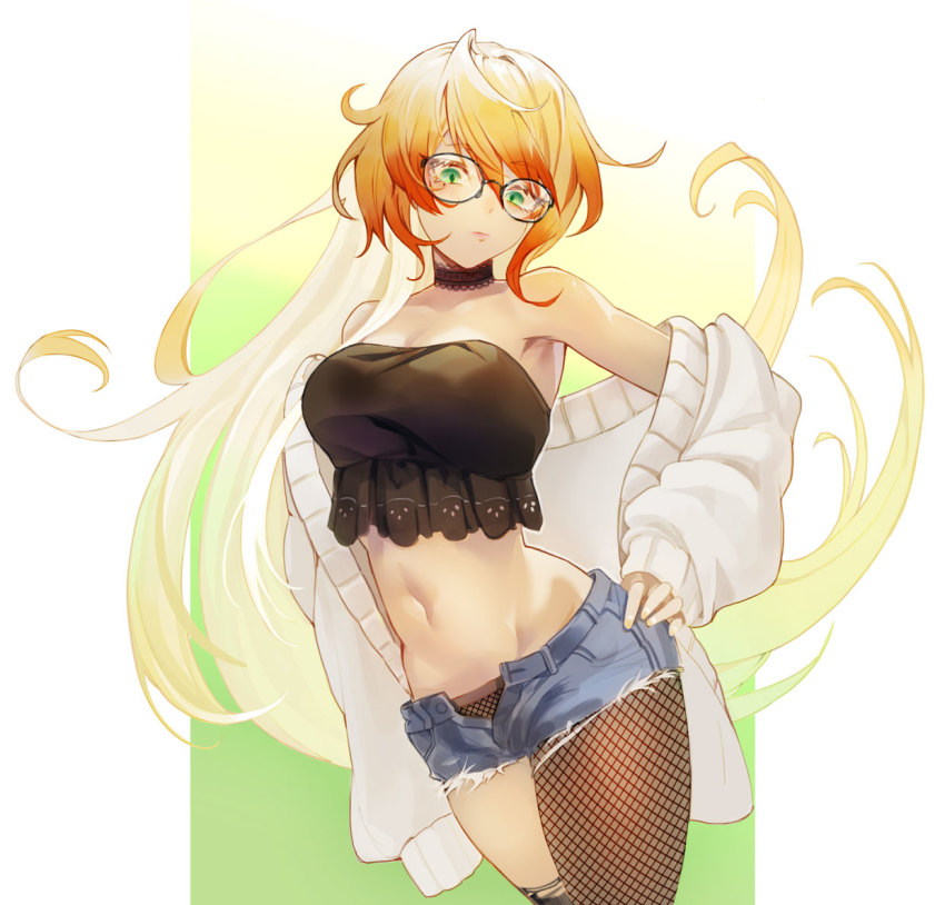 1girl, armpits, bad_id, bad_pixiv_id, bare_shoulders, black_choker, black_shirt, blonde_hair, blue_shorts, breasts, brown_thighhighs, choker, collarbone, cowboy_shot, crop_top, cutoffs, dano, denim, denim_shorts, expressionless, fishnet_thighhighs, fishnets, floating_hair, gender_request, genderswap, genderswap_(otf), glasses, green_eyes, hand_on_own_hip, jacket, long_hair, long_sleeves, looking_at_viewer, medium_breasts, melissa_kinrenka, micro_shorts, midriff, navel, nijisanji, off_shoulder, open_clothes, open_fly, open_jacket, pantyhose, revealing_clothes, shirt, shorts, single_leg_pantyhose, sleeveless, sleeveless_shirt, solo, stomach, strapless, strapless_shirt, thighhighs, thighs, tube_top, very_long_hair, virtual_youtuber, white_jacket