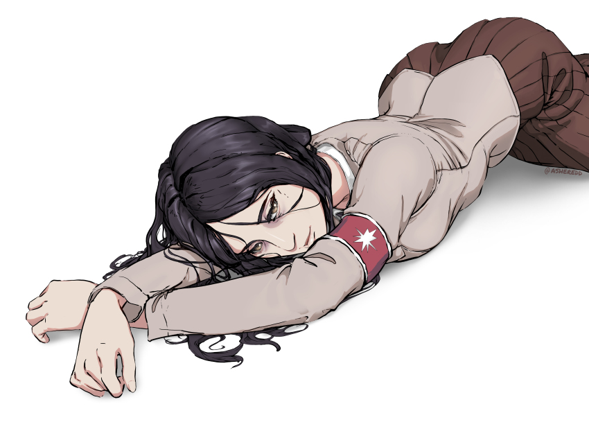 1girl, absurdres, armband, ashe_redd_(artist), bags_under_eyes, black_hair, blazer, breasts, brown_jacket, brown_skirt, commentary, crossed_arms, english_commentary, highres, jacket, long_hair, lying, medium_breasts, military, on_stomach, pieck_finger, purple_eyes, shingeki_no_kyojin, skirt, smile, solo