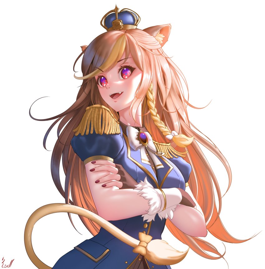 1girl, absurdres, animal_ear_fluff, animal_ears, ashe_redd_(artist), blue_jacket, bow, commentary, crown, english_commentary, floating_hair, hazumi_aileen, highres, indie_virtual_youtuber, jacket, lion_ears, lion_girl, lion_tail, long_hair, looking_to_the_side, military, military_uniform, open_mouth, orange_bow, puffy_sleeves, purple_eyes, smile, solo, tail, virtual_youtuber, white_background
