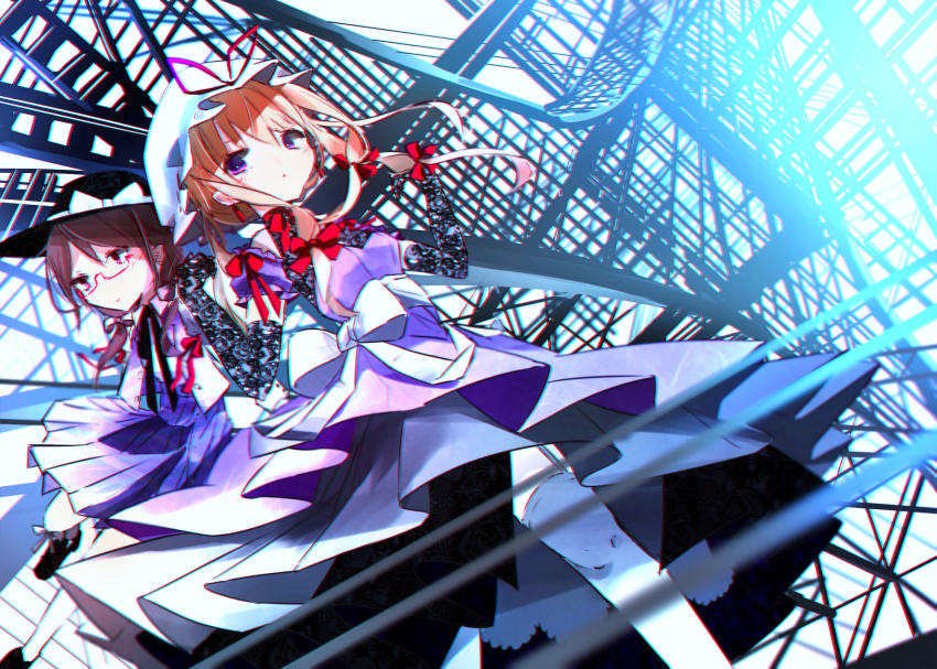 2girls, :/, arawara, architecture, back_bow, black_gloves, black_neckwear, black_ribbon