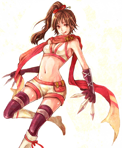 1girl, bikini, bikini_top_only, breasts, brown_eyes, brown_hair, elbow_gloves, female_focus, gloves, kunai, kunoichi_(sengoku_musou), long_hair, midriff, navel, ponytail, scarf, sengoku_musou, sengoku_musou_3, short_shorts, shorts, solo, swimsuit, thighhighs, weapon, white_background, xlibra