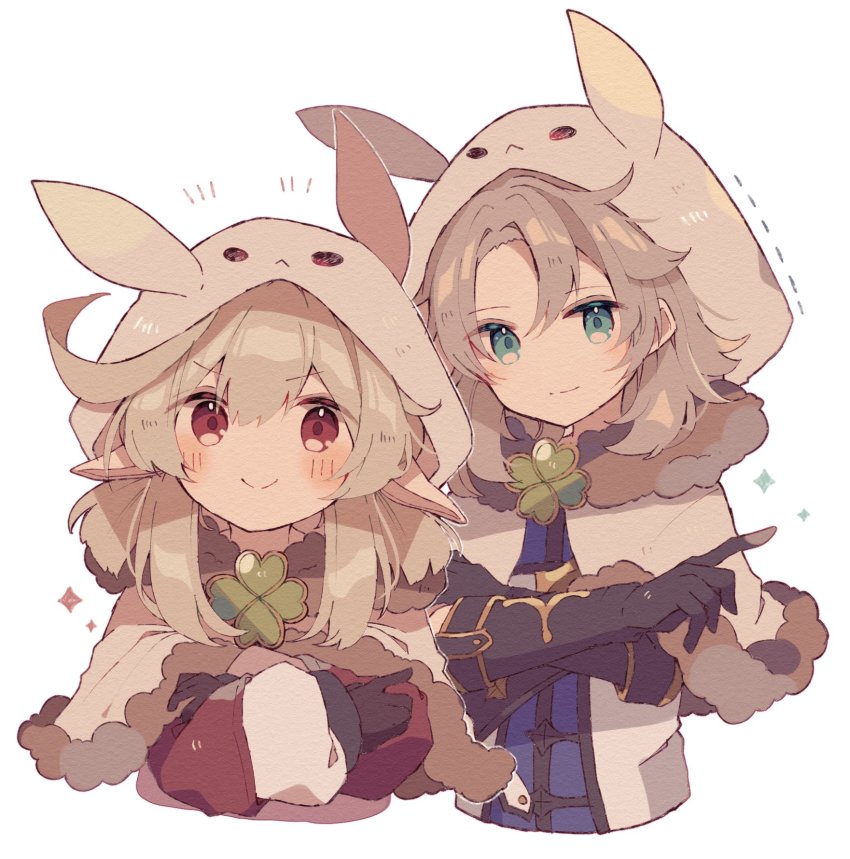 1boy, 1girl, ahoge, albedo_(genshin_impact), animal_hood, beige_capelet, black_gloves, blonde_hair