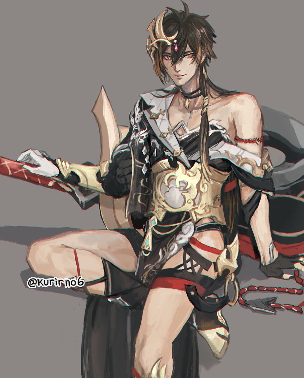 1boy, alternate_costume, asymmetrical_gloves, asymmetrical_sleeves, black_hair, brown_hair, chinese_clothes, commentary