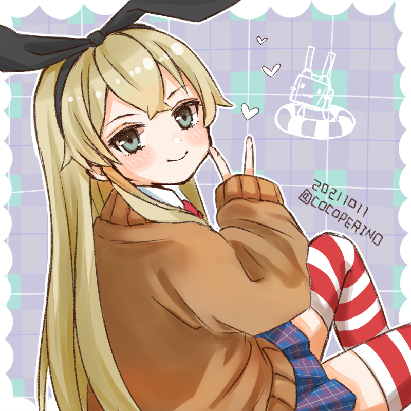 1girl, alternate_costume, blonde_hair, blue_skirt, brown_jacket, cocoperino, dated, grey_eyes