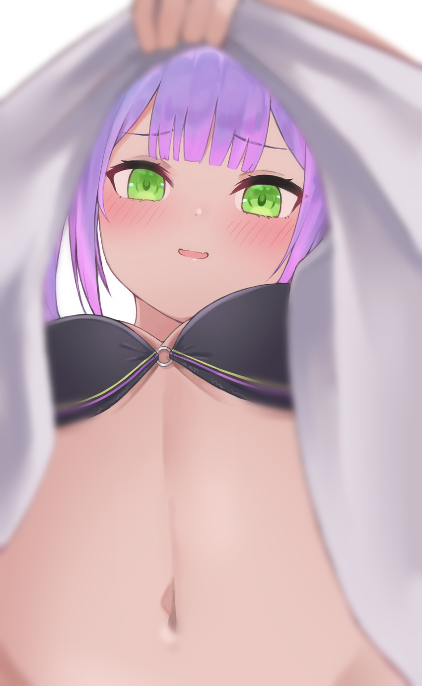 1girl, absurdres, ayama_nano, black_bra, blurry, blush, bra, breasts