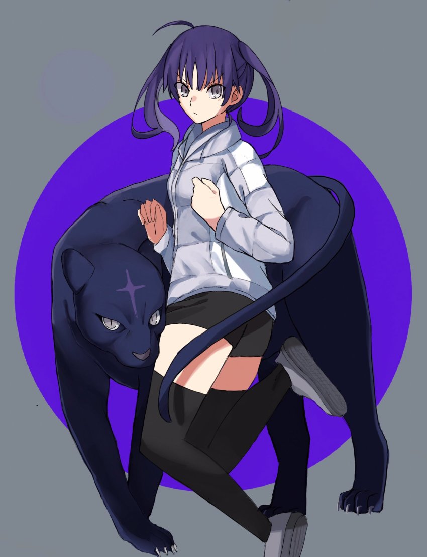 1girl, ahoge, animal, black_panther, black_shorts, black_thighhighs, closed_mouth, commentary_request