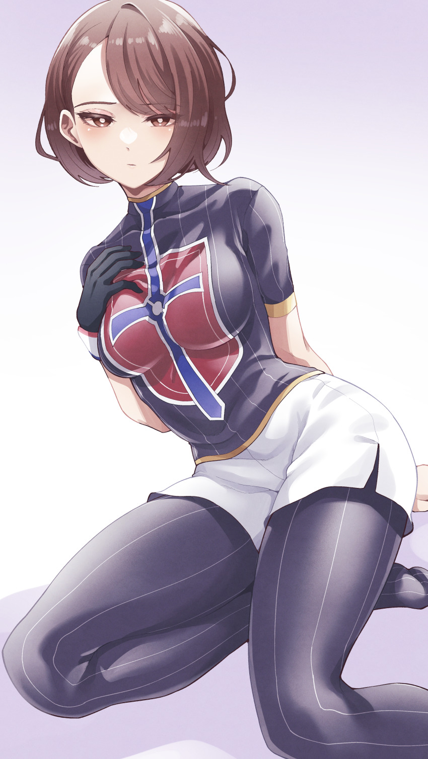 1girl, absurdres, black_leggings, black_shirt, bob_cut, breasts, bright_pupils, brown_eyes