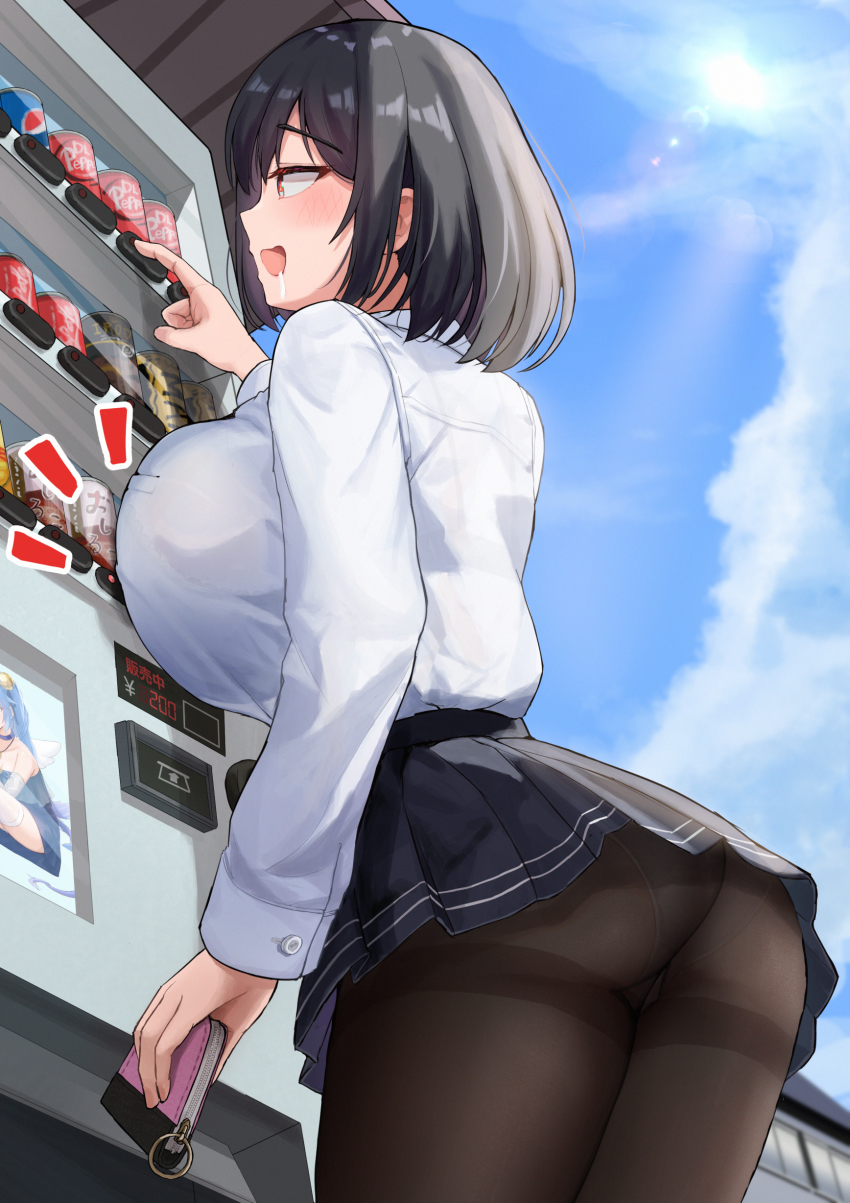 1girl, absurdres, ass, black_bra, black_hair, black_pantyhose, black_skirt, blue_sky