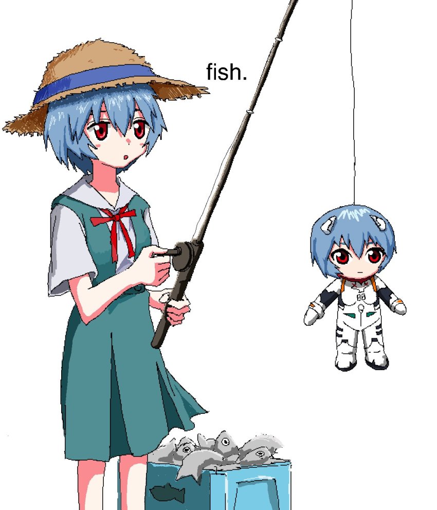 aiu404l, ayanami_rei, blue_hair, fish, fishing, fishing_hat, fishing_rod, hat, highres, mecha_pilot_suit, neon_genesis_evangelion, plugsuit_(evangelion), red_eyes, rei_chikita, school_uniform, straw_hat, tagme, tokyo-3_middle_school_uniform, white_background