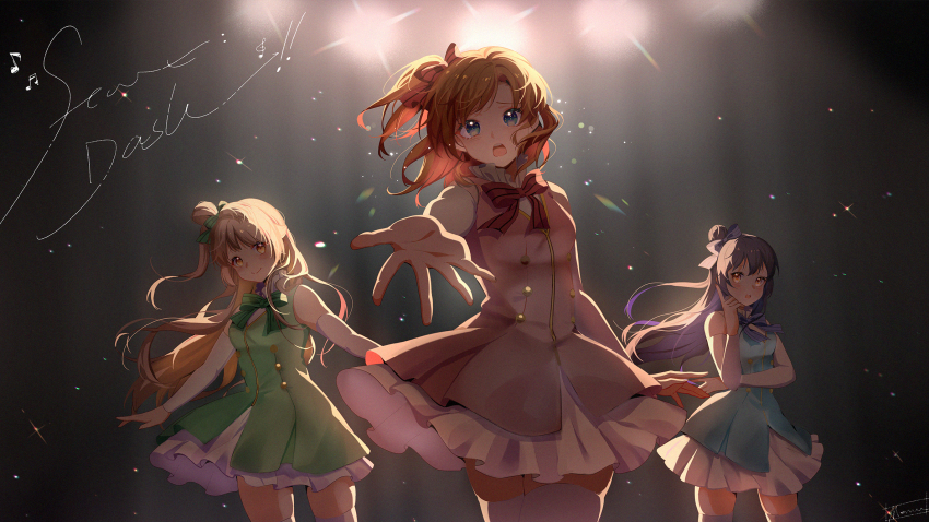 3girls, bad_id, bad_pixiv_id, blue_dress, blue_eyes, blue_hair, commentary_request, cowboy_shot