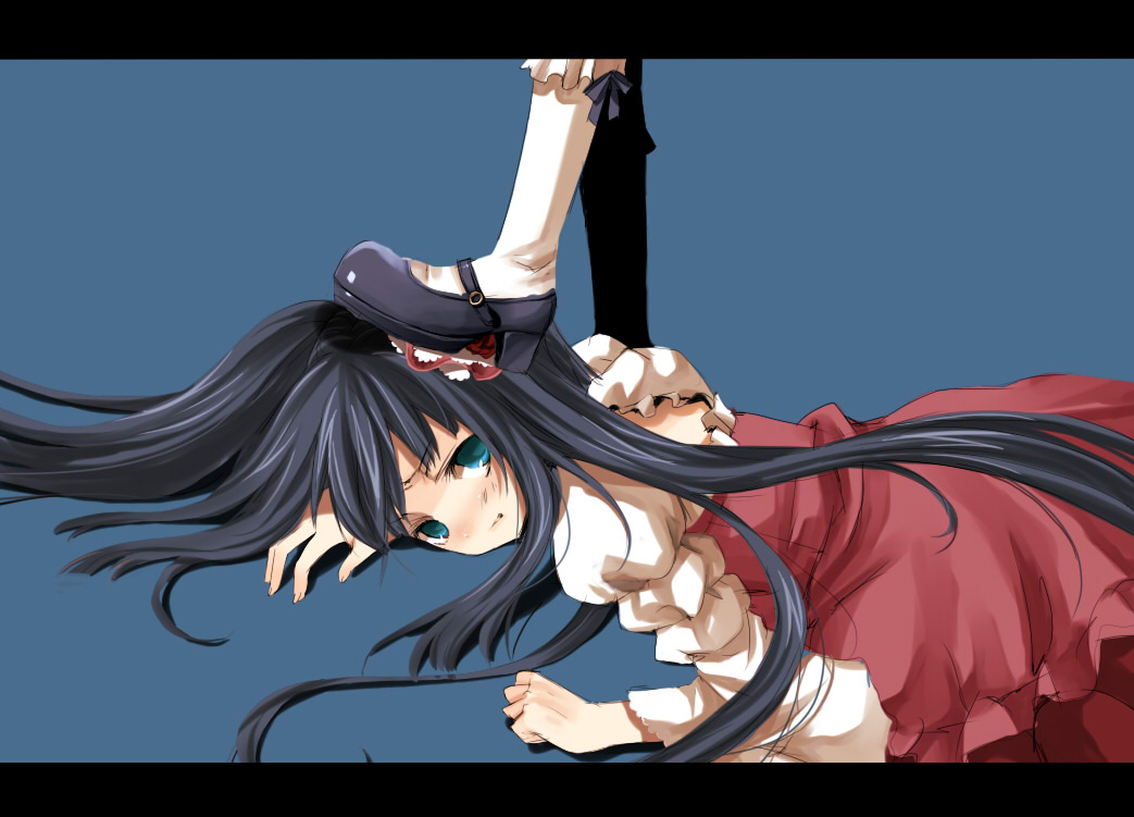 00s, 1girl, bad_id, bad_pixiv_id, blue_eyes, blue_hair, blush, dress, foot_on_another's_head, frederica_bernkastel, frills, furudo_erika, hair_ornament, kneehighs, letterboxed, long_hair, mary_janes, ringo_komachi, shoes, simple_background, socks, solo_focus, stepped_on, trampling, umineko_no_naku_koro_ni, white_socks