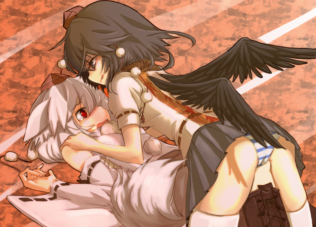 2girls, animal_ears, assertive_female, black_hair, black_wings, blush, boots, cameltoe, detached_sleeves, female_focus, girl_on_top, hat, inubashiri_momiji, kuronuko_neero, licking_lips, multiple_girls, panties, red_eyes, shameimaru_aya, short_hair, silver_hair, skirt, straddling, striped_clothes, striped_panties, tail, tears, tokin_hat, tongue, tongue_out, touhou, underwear, wavy_mouth, wings, wolf_ears, wolf_tail, you_gonna_get_raped, yuri