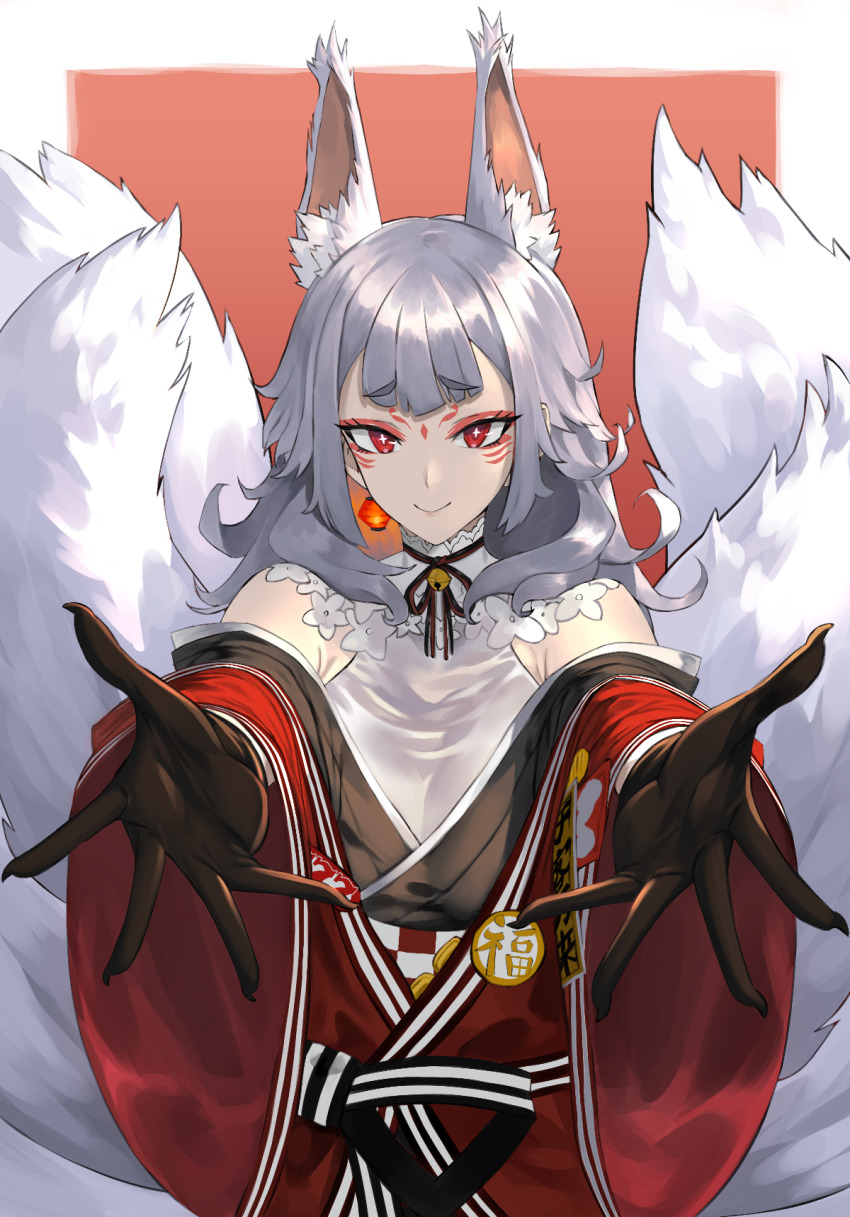 1girl, animal_ear_fluff, animal_ears, bell, black_gloves, black_ribbon, blunt_bangs, border, bright_pupils, checkered_sash, closed_mouth, earrings, eyeliner, eyeshadow, facepaint, facial_mark, fingernails, forehead_mark, fox_ears, fox_girl, fox_tail, gloves, grey_hair, halterneck, highres, incoming_hug, japanese_clothes, jewelry, jingle_bell, kimono, long_hair, long_sleeves, looking_at_viewer, makeup, multiple_tails, neck_bell, neck_ribbon, nijisanji, nijisanji_en, nina_kosaka, nina_kosaka_(1st_costume), obi, off_shoulder, open_hand, open_hands, outstretched_arms, reaching, reaching_towards_viewer, red_background, red_eyeliner, red_eyes, red_eyeshadow, red_kimono, ribbon, sash, sharp_fingernails, shirt, shou_illust, simple_background, single_earring, smile, solo, standing, straight-on, tail, two-tone_background, upper_body, virtual_youtuber, white_background, white_border, white_shirt, wide_sleeves