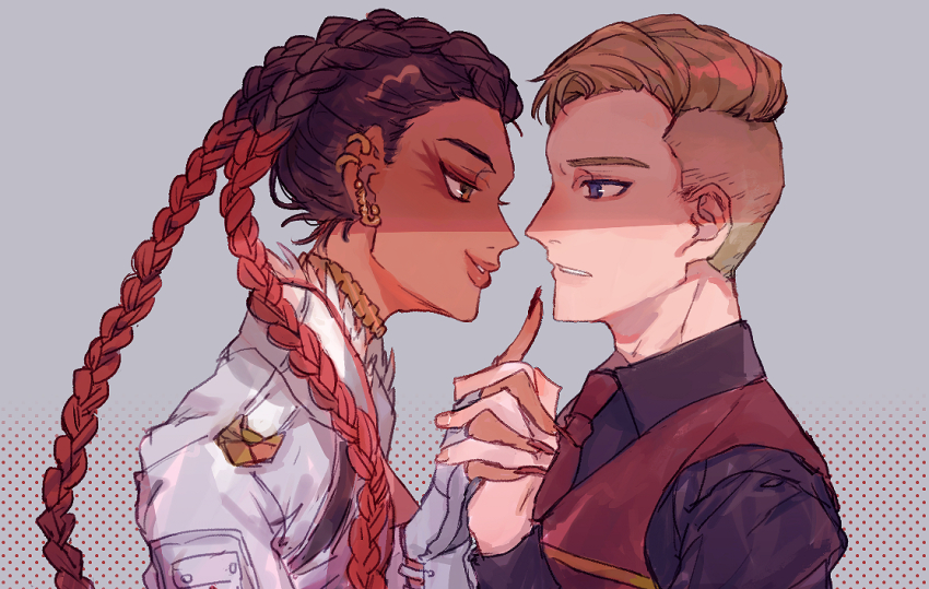 1boy, 1girl, animification, apex_legends, black_shirt, blonde_hair, blue_eyes, braid, brown_hair, collared_shirt, dark-skinned_female, dark_skin, eyeshadow, from_side, gradient_hair, hair_behind_ear, holding_hands, jacket, kaleb_cross, loba_(apex_legends), long_hair, makeup, multicolored_hair, red_eyeshadow, red_hair, red_vest, revenant_(apex_legends), shirt, shourou_kanna, twin_braids, undercut, vest, white_jacket