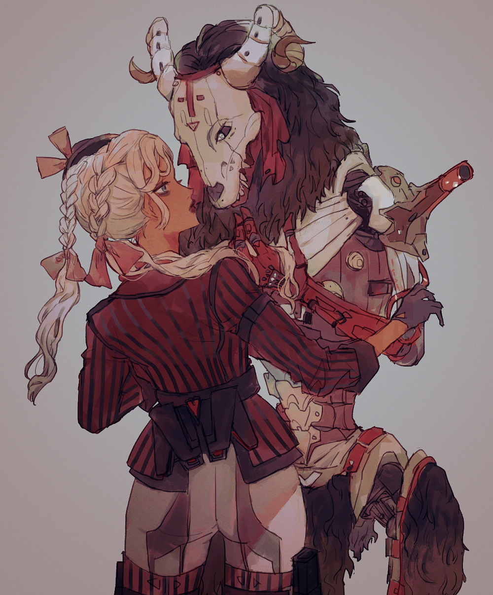 1boy, 1girl, animification, apex_legends, black_gloves, black_hair, black_sclera, bootlegger_loba