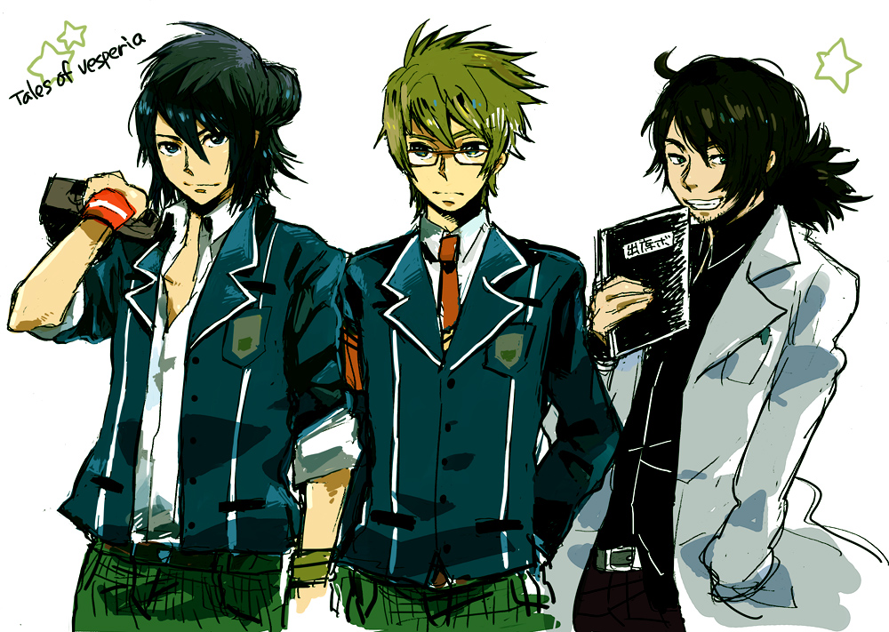 00s, 3boys, alternate_costume, bag, black_eyes, black_hair, book, coat