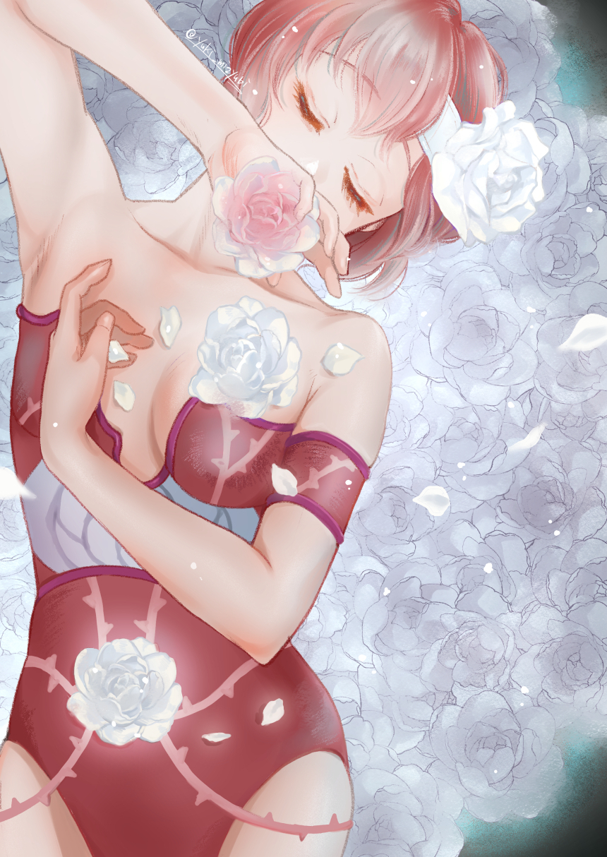 1girl, breasts, cleavage, closed_eyes, collarbone, covered_mouth, covering_own_mouth, elle_de_rosenbach