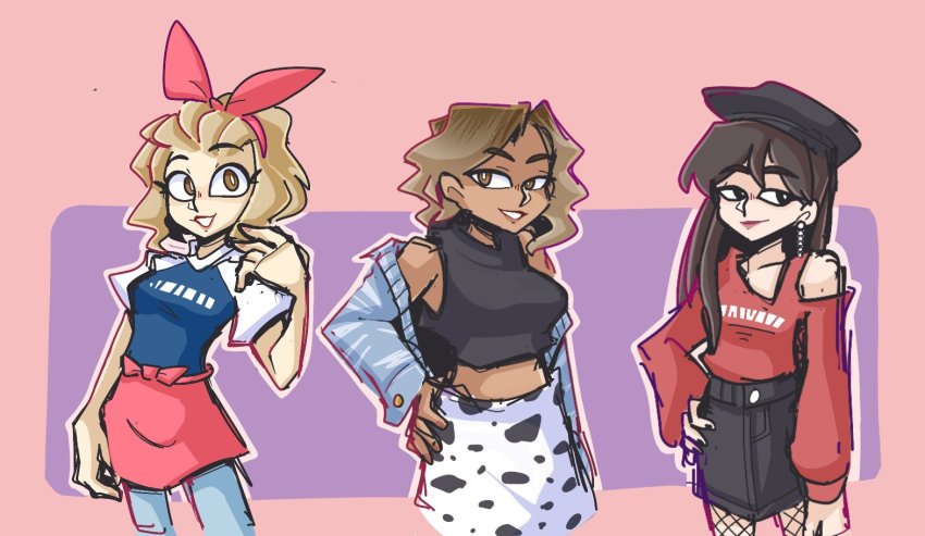 3girls, apron, beret, black_hair, blonde_hair, brown_eyes, brown_hair, clothing_cutout