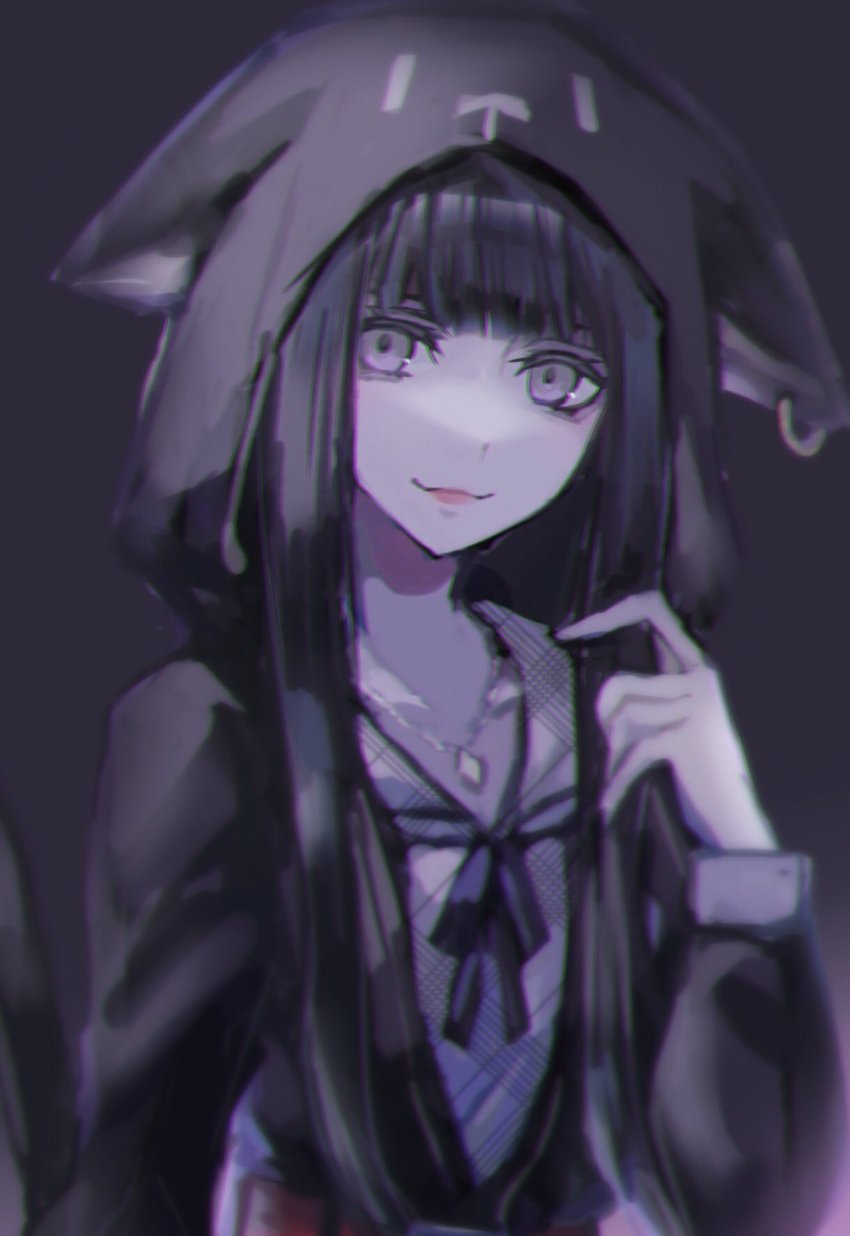1girl, 3ch_, animal_ears, animal_hood, black_hair, cat_hood, closed_mouth, dress