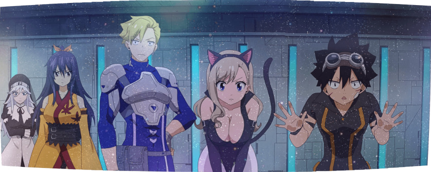 2boys, 3girls, animal_ears, anime_screenshot, black_hair, blonde_hair, blue_eyes, breasts