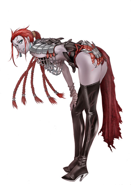 1girl, ass, belt, boots, bracelet, braid, claws, colored_skin, female_focus, fuma_kotaro_(sengoku_musou), gauntlets, genderswap, genderswap_(mtf), grey_eyes, hand_on_own_ass, high_heels, jewelry, leaning_forward, long_hair, purple_skin, red_hair, sengoku_musou, sengoku_musou_2, solo, sumi_(joker), thigh_boots, thighs